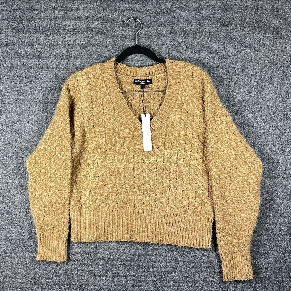 NWT Central Park West Cable Knit V neck Sweater Tan Gold Womens Size Small #3072